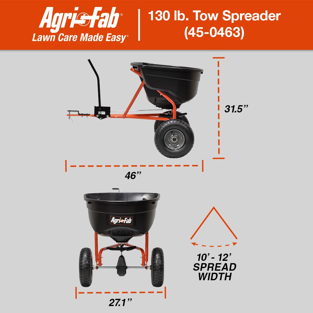 Agri-Fab 45-0463 Pull Behind Broadcast Spreader,130 lb. Hopper Capacity Designed for Seed, Fertilizer, Salt, Ice Melt with Universal Hitch,12 ft. Spread Width for Riding Lawn Mowers and Lawn Tractors