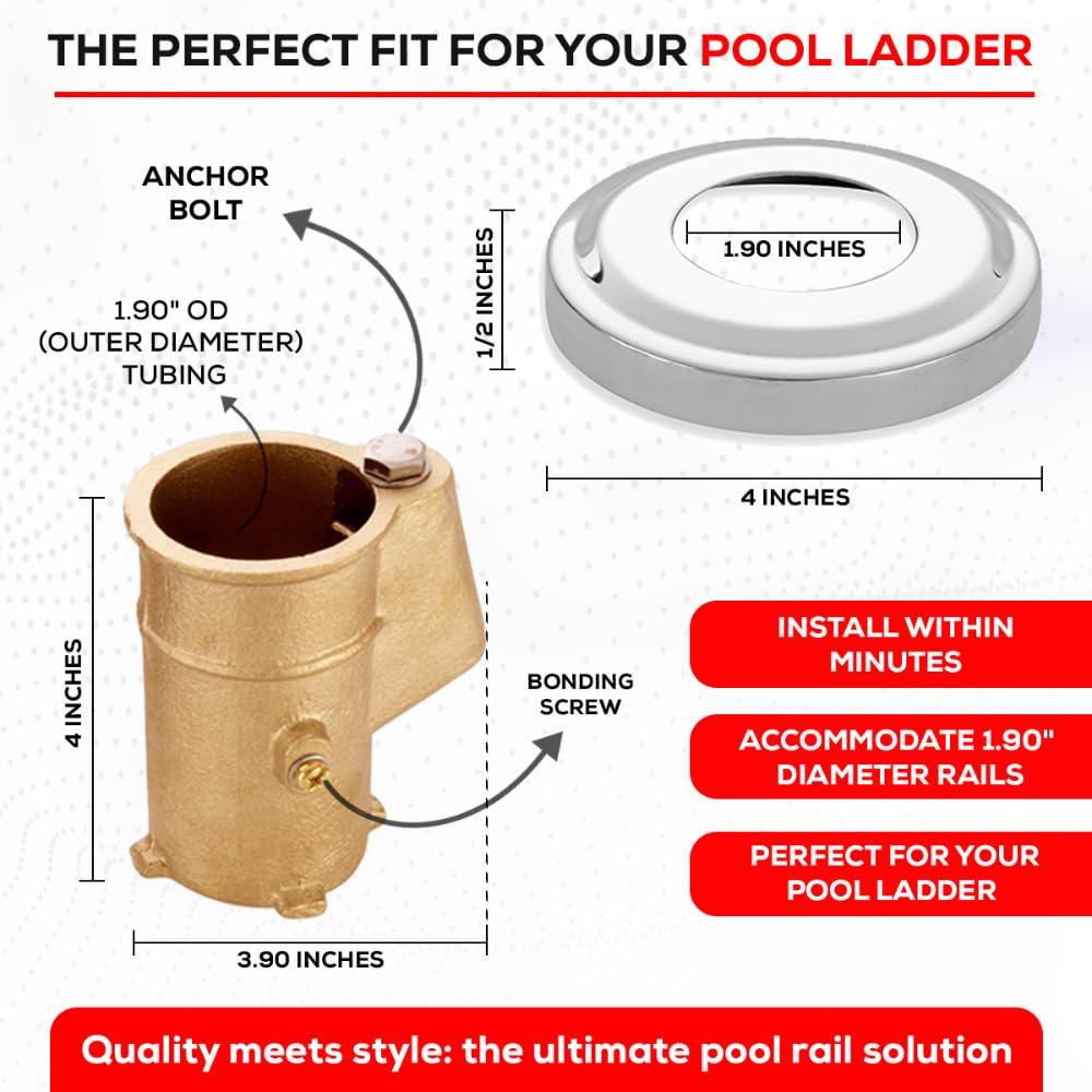 Brass Pool Rail Anchor and Escutcheon Set – 2 Pack Inground Anchors with 4" Depth – Fits 1.90" OD Tubing – Heavy-Duty Mounting Kit for Pool Handrails and Ladders - 2 Pack