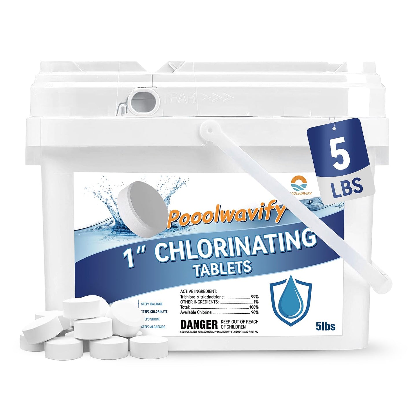 1 Inch Chlorine Tablets for Swimming Pools & Spas | 90% Available Chlorine Trichlor Pool Tablets | Long-Lasting Slow Dissolving Sanitizer for Clean & Clear Water (1inch-5lbs)