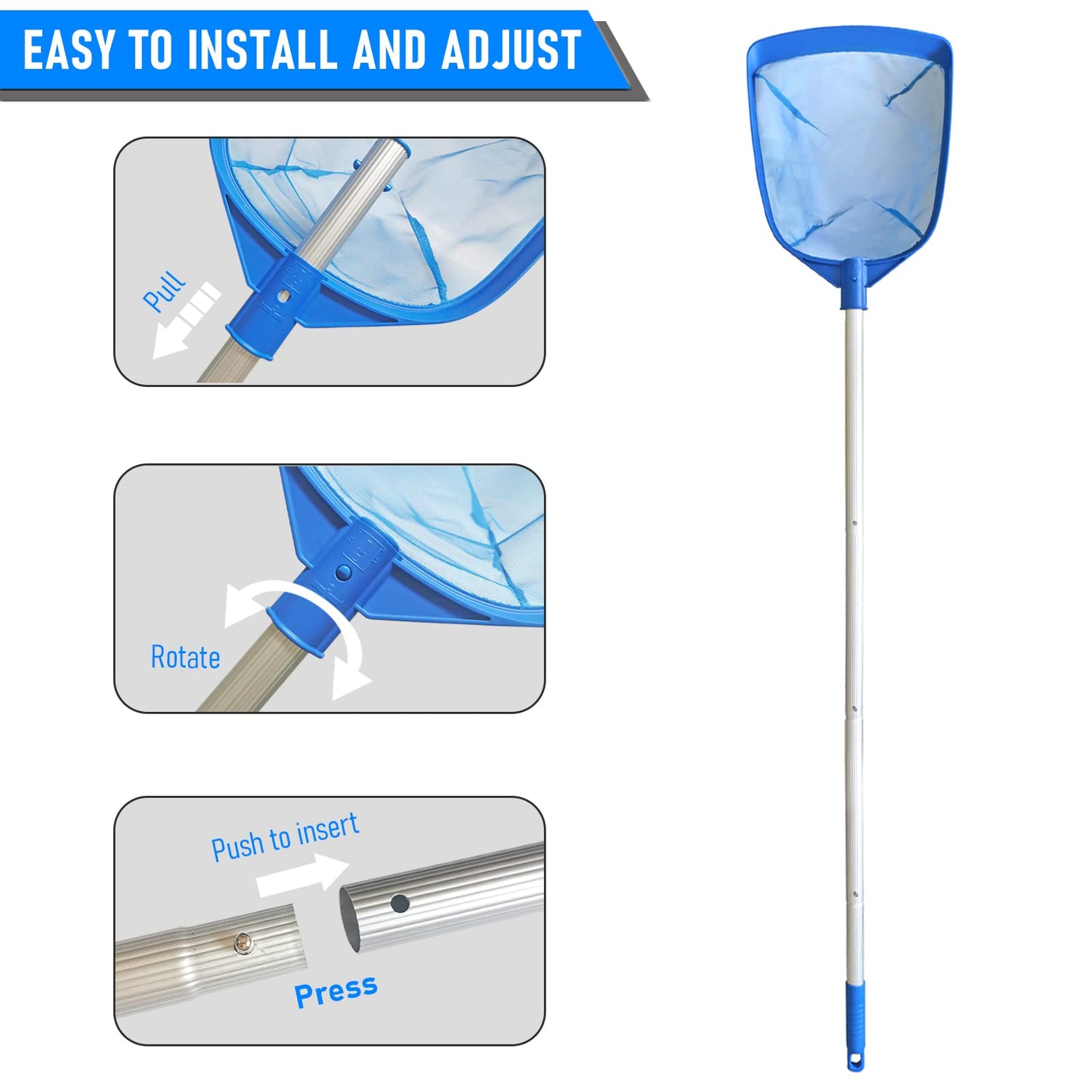 Poolvio Swimming Pool Leaf Skimmer Net, with 5 Sections Telescopic Aluminum Pole & Nylon Medium Fine Mesh Pool Net, Pool Cleaning Tool for Removing Leaves & Debris
