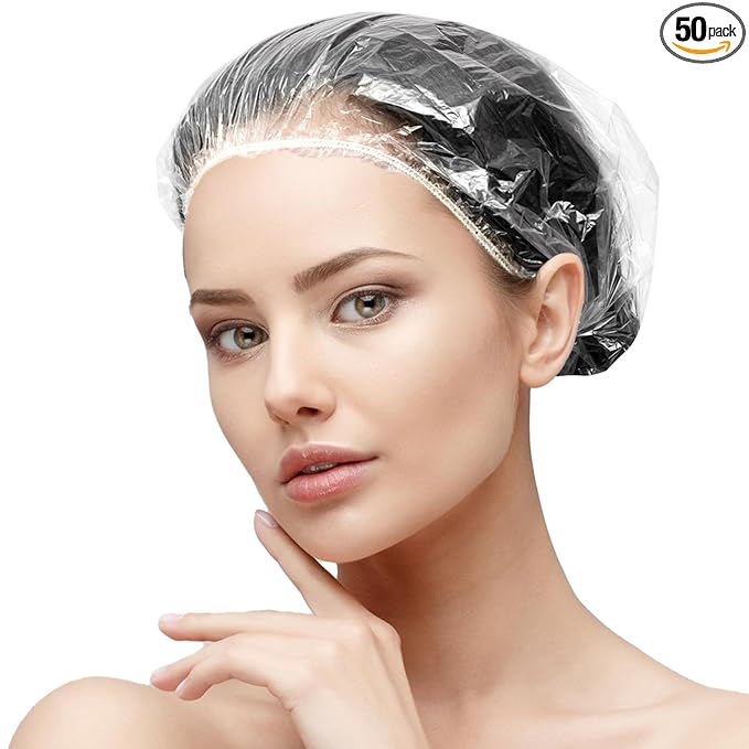 50PCS Disposable Shower Caps, Plastic Clear Thickening Bath Hair Cap and Waterproof Hair Caps for Women Men Kids Hair Treatment, Spa, Hotel and Hair Solon, Home Use, Portable Travel (Size 52CM)