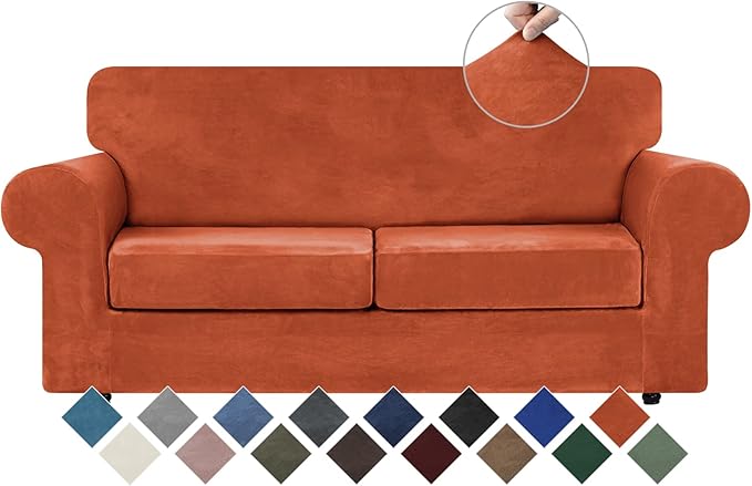 WEERRW Velvet Couch Covers for 2 Cushion Couch Sofa - High Stretch Luxury Velvet Plush 3 Pieces Sofa Slipcovers with Elastic Bottom, Furniture Protector for Pets, Machine Washable, Pumpkin, Medium
