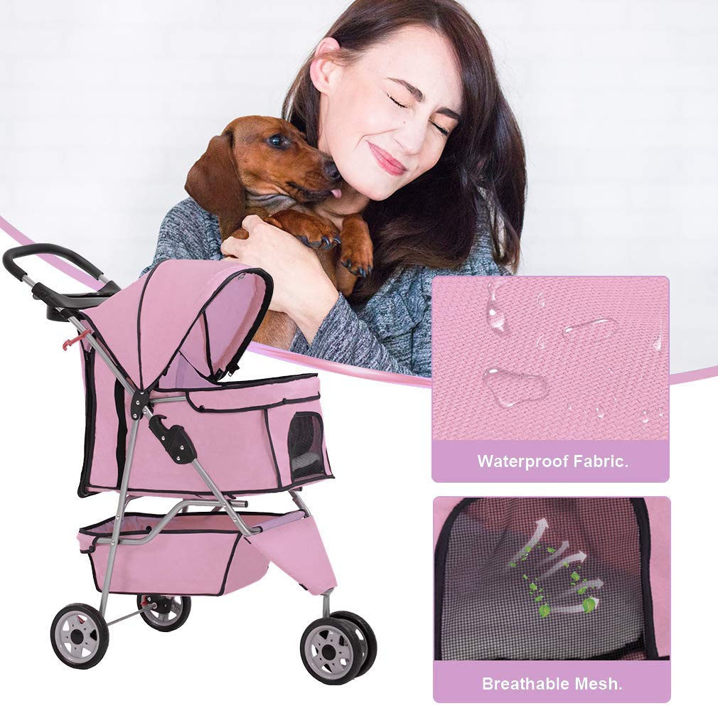 BestPet 3 Wheels Pet Dog Stroller Cat Cage for Medium Small Dogs Cats Travel Folding Carrier Waterproof Puppy Stroller with Cup Holder & Removable Liner,Pink