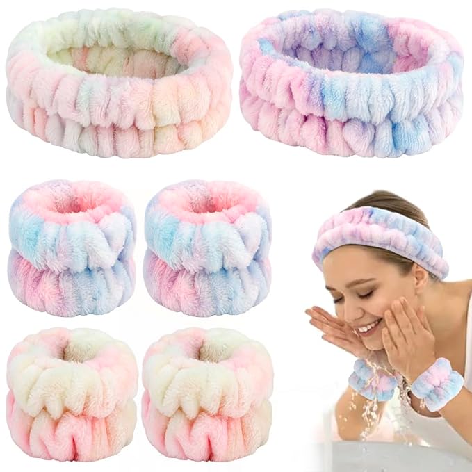 AHONEY Skincare for Teens Kids Headband Wrist Cuffs for Washing Face Wash Headbands for Girls Wome, Cute Fuzzy Tie-dye Spa Headband and Wristband Set Sleepover Accessories Teen Stuff