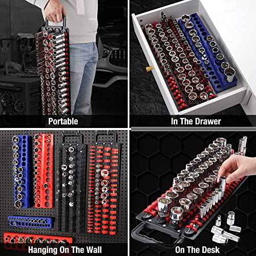 ALOANES 160-Piece Portable Socket Organizer Steel Tray, Heavy Duty Socket Holders with Handle, Socket Rack, 1/4-Inch x52 Clips, 3/8-Inch x 60 Clips, 1/2-Inch x 48 Clips, 2Packs Set (Blue&Red)