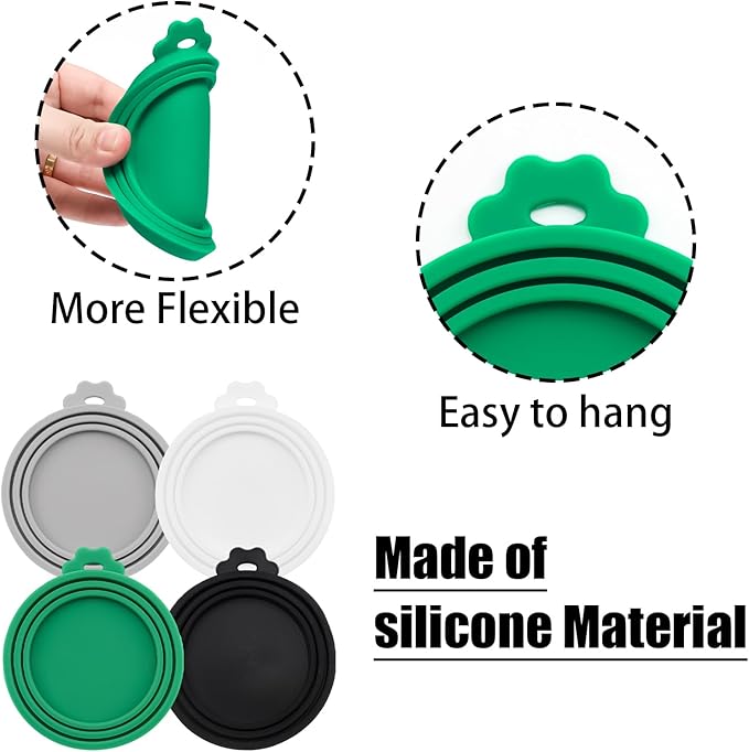 PINE & LINEN 4 Pcs Durable Pet Can Lids,One fit 3 Standard Size Silicone Waterproof Cat Food Cans Lids for 3oz/5.5oz/12.5oz/13.2oz Cat Food Cans（White+Gray+Dark Green+Black）