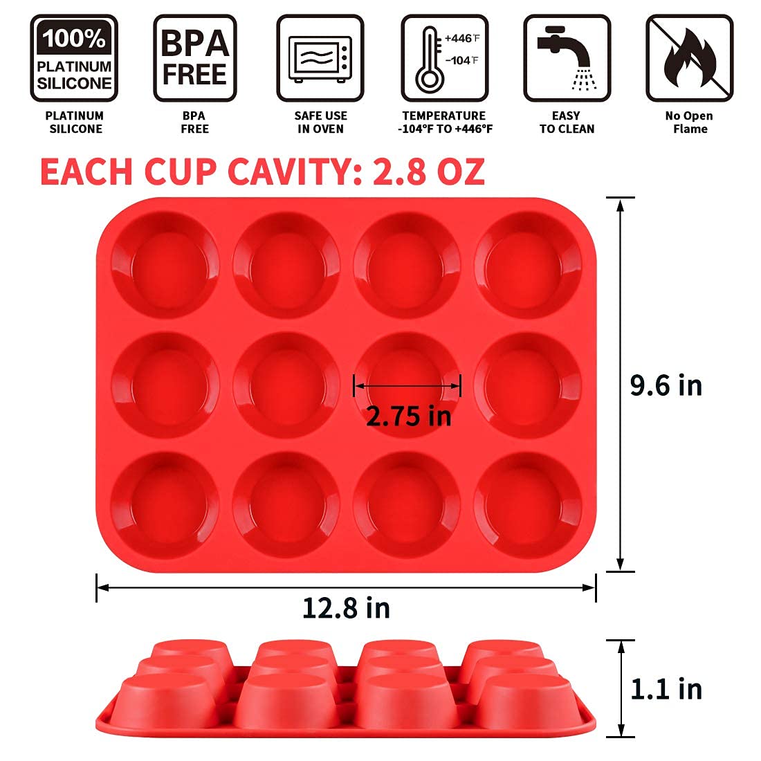 12 Cups Silicone Muffin Pan - Regular Size Cupcake Pan Muffin Tin for Baking Nonstick Food Grade