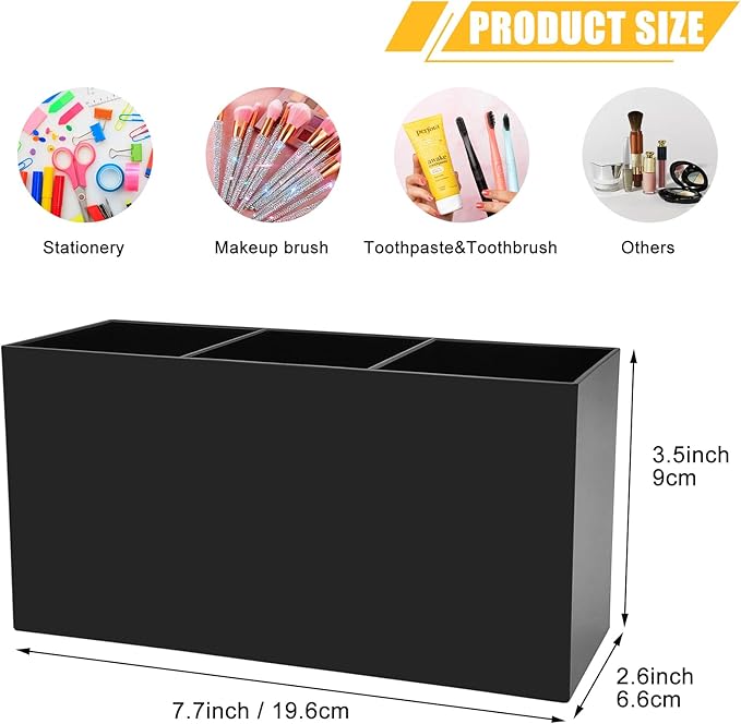 Black Makeup Brush Organizer,Acrylic Cosmetic Brushes Storage Holder with 3 Slots,Pencil Pen Holder for Desk,Desk Organizer and Accessories for Vanity