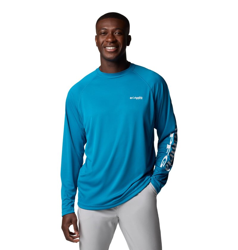 Columbia Men's PFG Terminal Tackle Long Sleeve Fishing Shirt, Blue Echo/White Logo, XX-Large