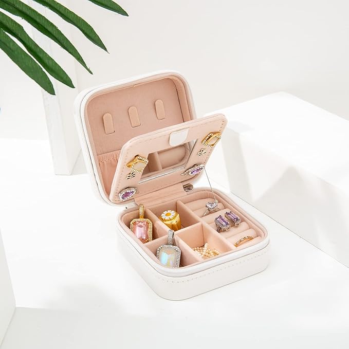 KElofoN Travel jewelry case Travel jewelry box Travel Jewelry Organizer Small Jewelry Organizer Box for Girls Women with Mirror (White-5)