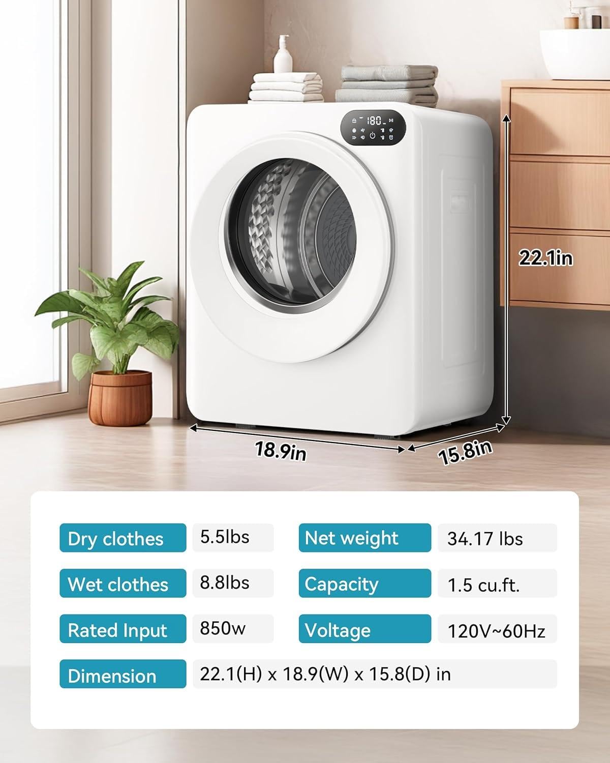 Euhomy Portable Dryer，1.5 Cu.Ft Clothes Dryer with Stainless Steel Drum, 850W Drying Machine with Exhaust Pipe, LED Control Panel For Apartments, Home, Dorm, White