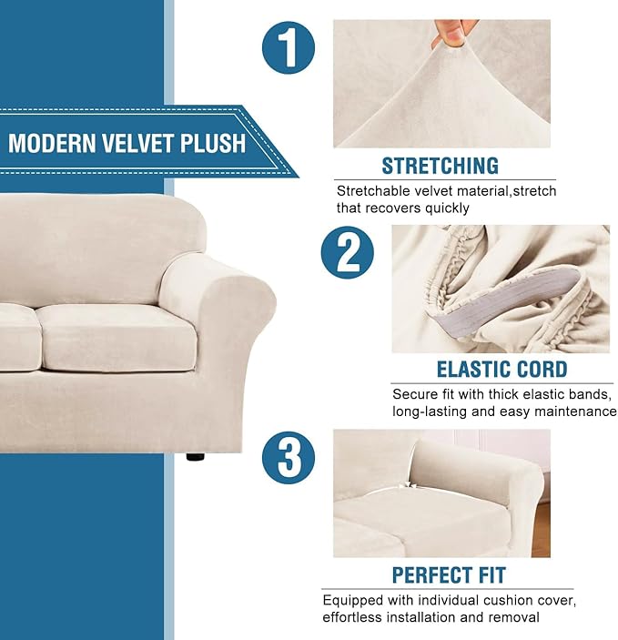 H.VERSAILTEX 3 Piece Stretch Sofa Covers Couch Covers for 2 Cushion Couch Loveseat Covers Width Up to 72 Inch Feature Thick Soft Stay in Place (Medium Sofa, Cream)
