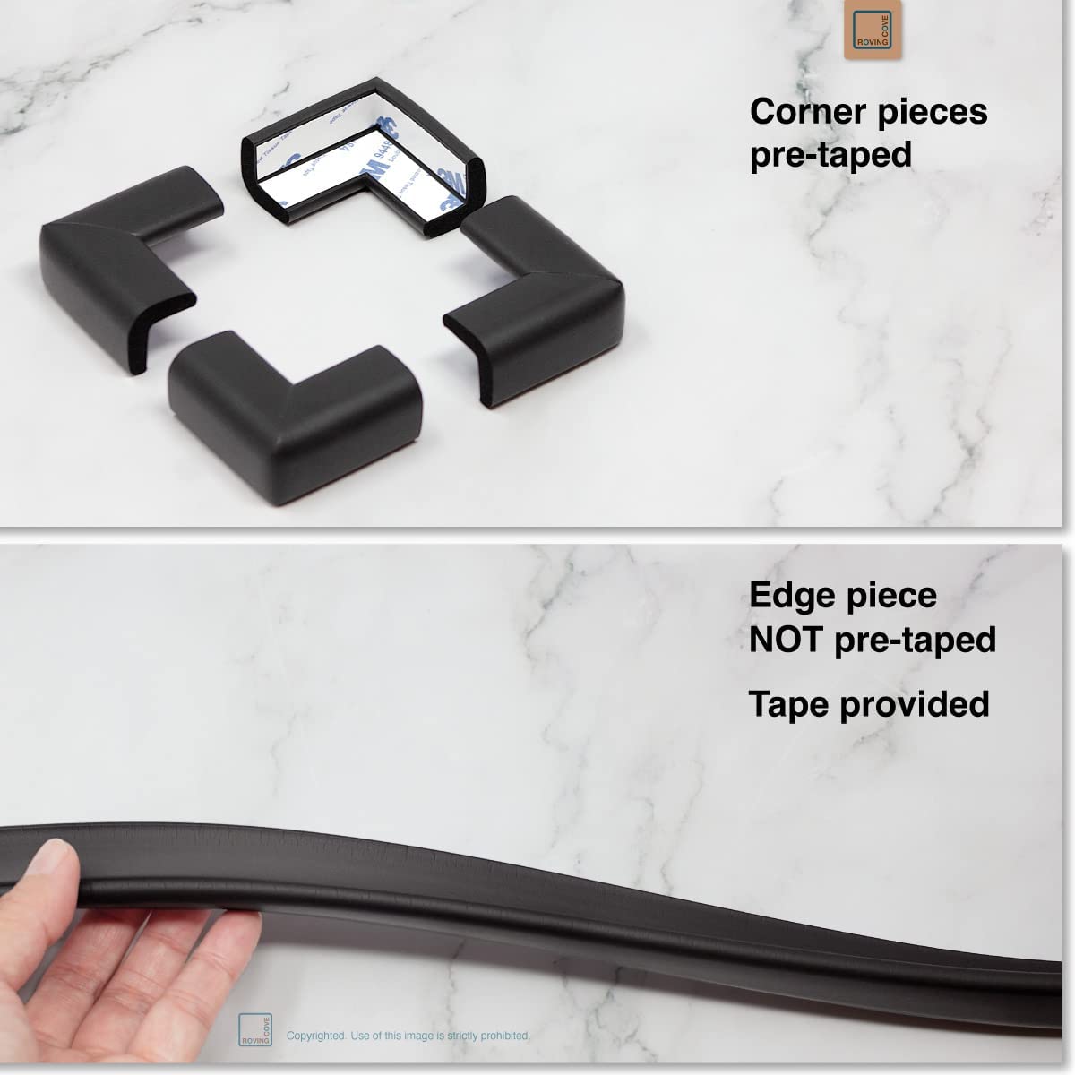 Roving Cove Slimfit Corner Edge Protector for Baby Proofing (Small 15ft Edge 4 Corners), Furniture Safety Bumper Guard, Soft NBR Rubber Foam, 3M Adhesive, Onyx Black