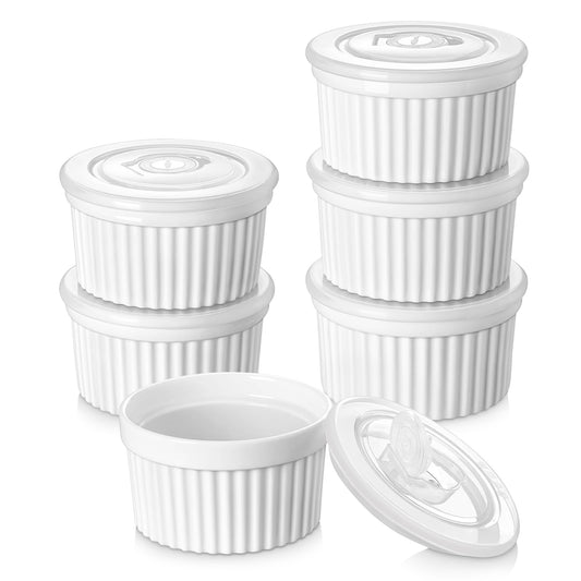 vancasso 10 oz Ramekins with Lid, Porcelain Creme Brulee Souffle Dishes, White Pudding Custard Cups Ramiken for Baking, Dishwasher and Oven Safe, Set of 6