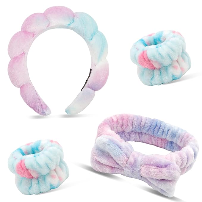 Chanaco Skincare Headband, 4 Pack Gradient Purple Sponge Hair Band for Washing Face, Face Wash Headband with Bow, Spa Headbands for Women, Yoga, Makeup, Shower, Party Favors, Stocking Stuffers