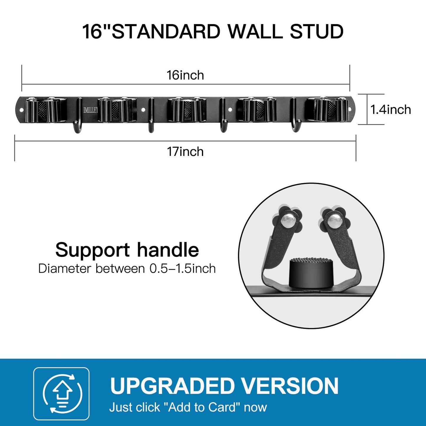 IMILLET Broom Holder Wall Mount, Broom Holder Stainless Steel Heavy Duty Garage Organization Broom Organizer Wall Mount Self Adhesive Laundry Room Organization and Storage（5 Racks and 4 Hooks）
