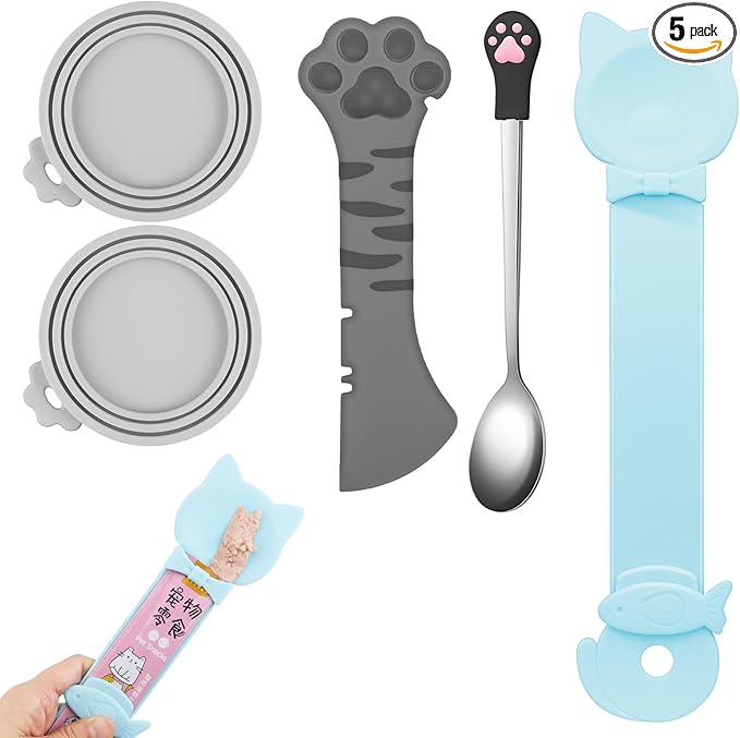 5 PCS Cat Food Can Covers Lids Set, Silicone Pet Food Can Lids with Multi-Function Cat Food Spoon and Opener, Cat Bar Squeezer, Stainless Steel Wet Food Spoon for Cats and Dogs (Grey)
