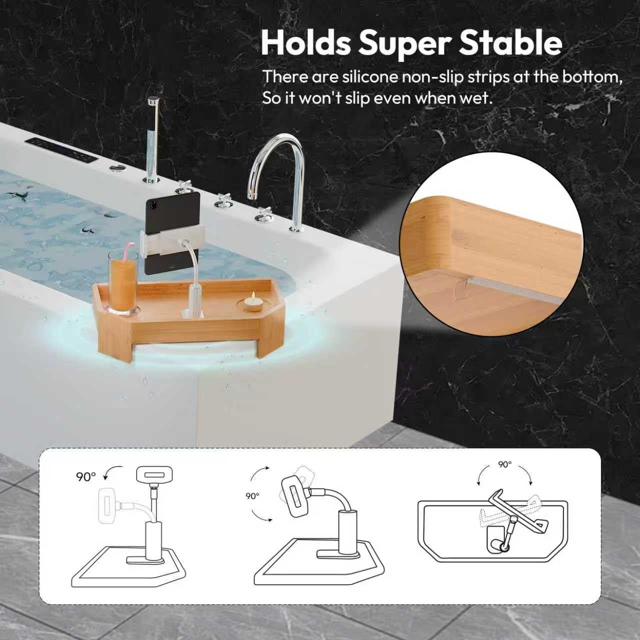 POOLCOMFT Bamboo Hot Tub Tray with Adjustable Phone Holder, Non Slip Hot Tub Table with Card & Scented Candle, Hot Tub Accessories - Unique Gift Idea for Spa Lover, Women, Parents