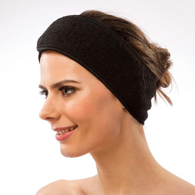 2 Pack Facial Spa Headband with Magic Tape - Terry Cloth Head Wrap for Bath, Makeup, Yoga and Sport, Black