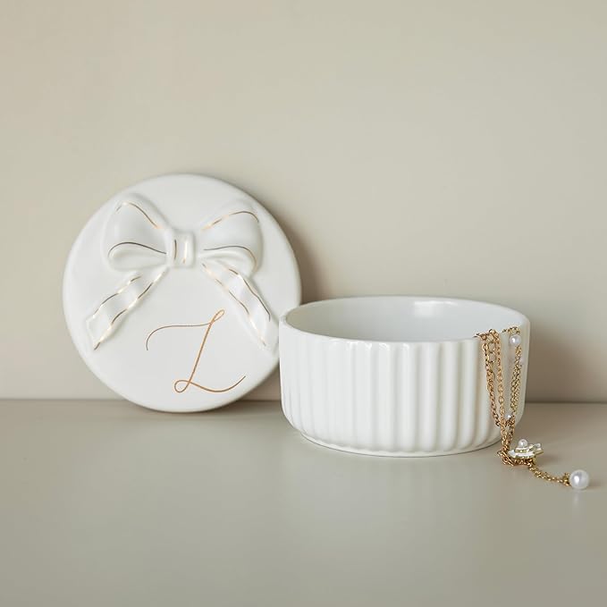 COLLECTIVE HOME - Monogram Jewelry Box with Bow, Christmas Gift Ideas for Women, Small Gift for Girlfriend Wife, Ring Holder, Earrings Dish, Birthday Gift for Her (L)