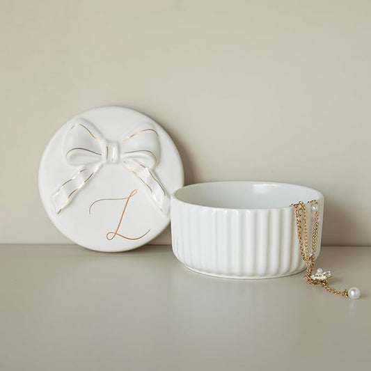 COLLECTIVE HOME - Monogram Jewelry Box with Bow, Christmas Gift Ideas for Women, Small Gift for Girlfriend Wife, Ring Holder, Earrings Dish, Birthday Gift for Her (L)