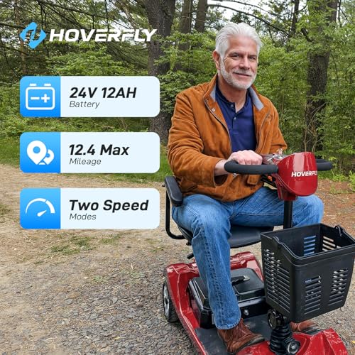 Hoverfly T4 Mobility Scooter, 4-Wheel Mobility Scooter for Adults - 12.4 Miles Range, 3.7 mph, Smart Safety Features, Removed Battery, Rotating Swivel Seat, Headlight, Basket, Charger Included Red