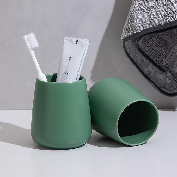 Green Toothbrush Holder for Bathroom - 2Pcs Ceramic Tooth Brushing Holders Set, Toothbrush Cup & Toothpaste Organizer for Bathroom Countertop, Makeup Brush Holder, Pen Holder for Home Desktop Storage