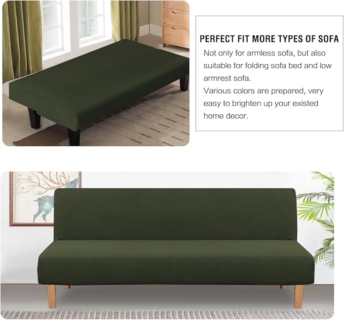 H.VERSAILTEX Armless Futon Cover Stretch Sofa Bed Slipcover Protector Elastic Feature Rich Textured High Spandex Small Checks Jacquard Fabric Futon Cover, Machine Washable, Olive
