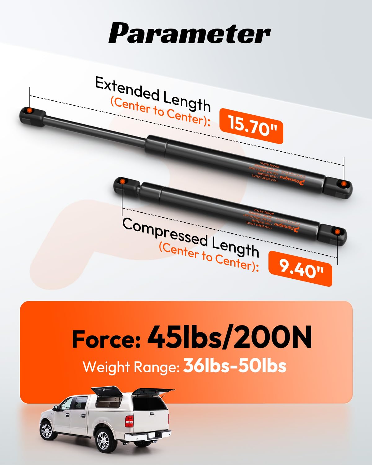 PAMAGOO C16-15208 16 inch 45 lbs Gas Struts, C16-23993 14269 15.7 inch Gas Shocks Lift Support for Truck Canopy Cap A.R.E Leer Camper Shell Topper Window Snugtop Replacement Parts, 2 Pack