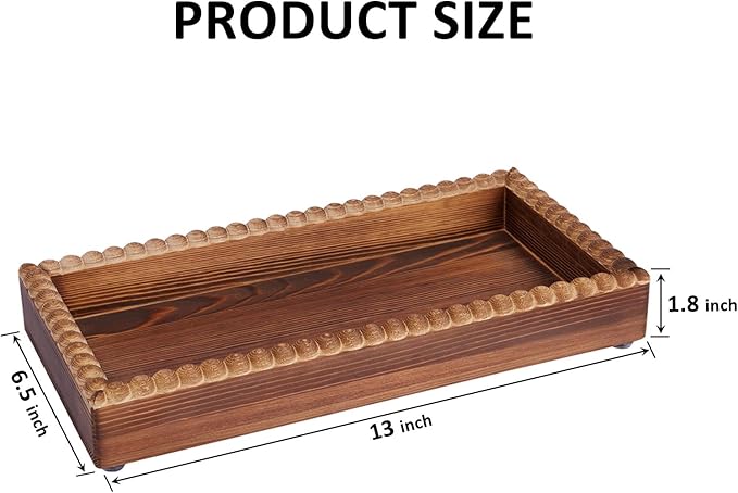 Bathroom Counter Organizer Tray, Wooden Countertop Vanity Trays with Beaded Edge, Farmhouse Decorative Tray Stand for Toilet Tank Candle Sink Kitchen Coffee Bar