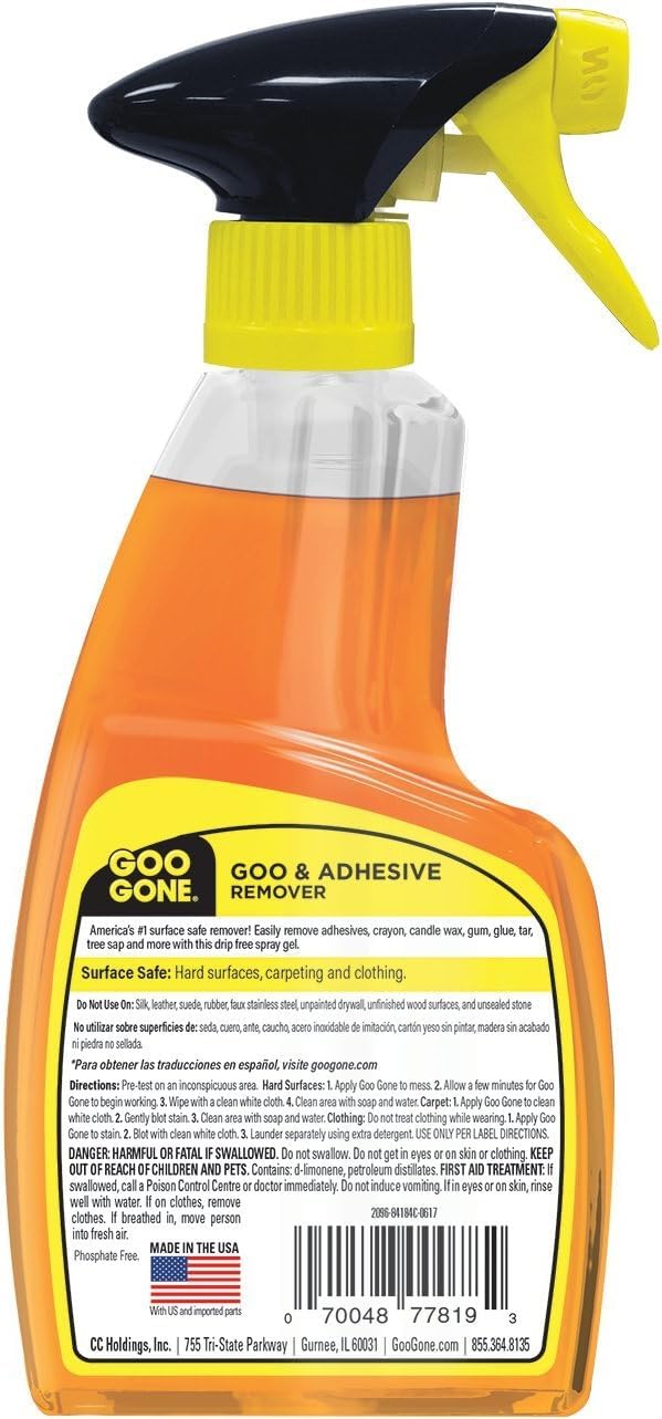 Goo Gone Spray Adhesive Remover Gel, 12 oz, Removes Glue, Stickers, Tape Residue, Grease, Gum & Wax, Adhesive Spray with Citrus Cleaning Power for Hard Surfaces, Carpets & Fabrics