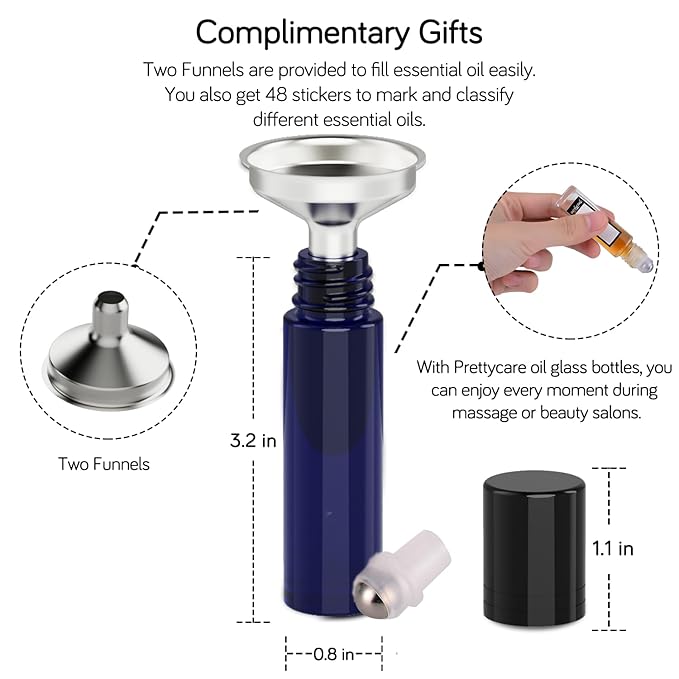 PrettyCare Roller Bottles For Oils 10 ml (Blue Glass, 24 Pack, 2 Extra Stainless Steel Balls, 2 droppers, 1 small brush, 24 Labels, 1 Opener, 1 Funnels Essential Oil Roller Bottles, Roller on Bottles