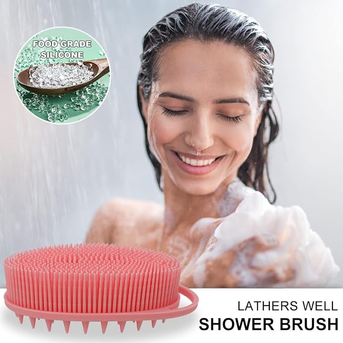 Upgrade 2 in 1 Bath and Shampoo Body Brush, Silicone Exfoliating Body Scrubber for Use in Shower, Premium Silicone Loofah, Head Scrubber, Scalp Massager, Easy to Clean (1PC Pink)