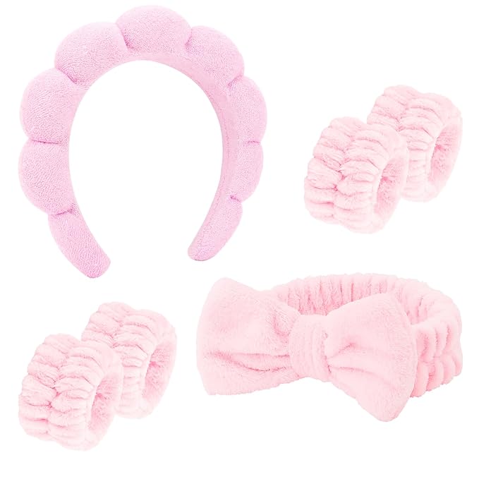 Semato Spa Headband and Wristband Set Skin Care Headband Fluffy Bow Face Wash Headband Hair Accessories Bubble Sponge Spa Headband for Women and Girls (pink)