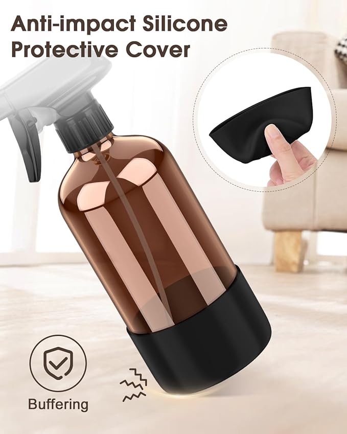 Bontip Glass Spray Bottle with Silicone Sleeve Protection, Amber Glass Spray Bottle Set for Window Cleaner Aromatherapy Facial Hydration Watering Flowers Hair Care 2 Pack/16 oz (Black & Grey, 16 oz)