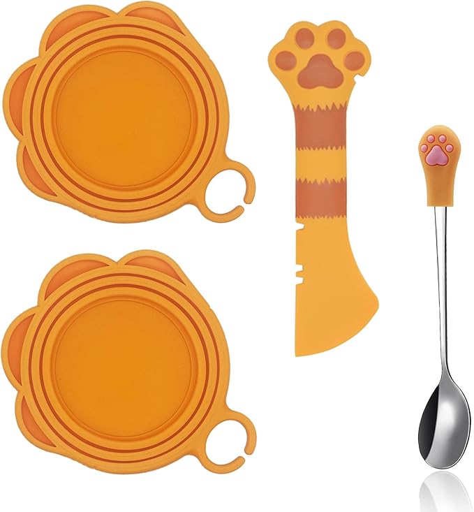SIANE Cat Food Can Spoons & Can Lids | 4 Pcs | Colorful Multi-Function Opener | Universal Soft Silicone Pet Food Covers | Wet Food Spatula for Kittens and Dogs(Orange)