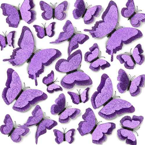 LiveGallery 36pcs Removable 3D Double Side Wings Butterfly Wall Stickers DIY Glittering Twinkle Butterflies Wall Decals Butterfly Wall Art Decor Decoration for Home Kids Bedroom Nursery (Purple)