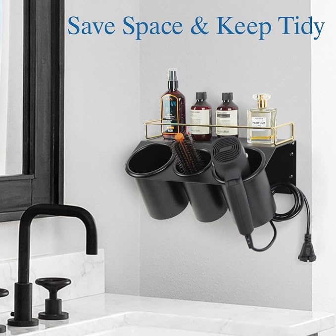 J JACKCUBE DESIGN Hair Dryer Holder Wall Mount Bathroom Vanity Hair Styling Care Tool Accessories 3 Cups Storage Organizer Caddy with Shelf Steel Black Gold- MK1002A (Black)