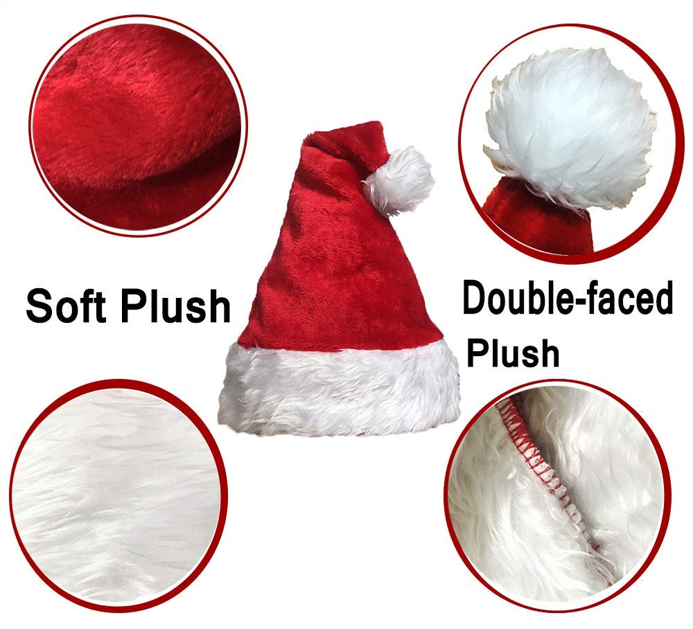 COOLJOY 4 Pack Plush Santa Hats, Christmas Santa Hats for Christmas Party, Adult size Xmas Holiday Hat for Unisex Kids Party Supplies