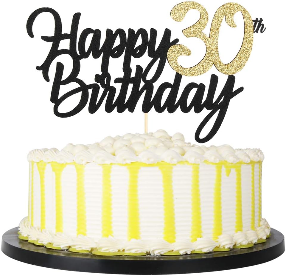 PALASASA Black Gold Glitter Happy Birthday cake topper - 30 Anniversary/Birthday Cake Topper Party Decoration (30th)