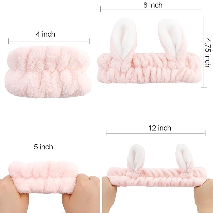 YISSION Cute Bunny Ear Spa Headband and Wristband Set for Women and Girls - Soft Plush Makeup Headband with Wrist Towels for Face Washing, Skincare, Shower, Easter Party Favors (White & Pink)