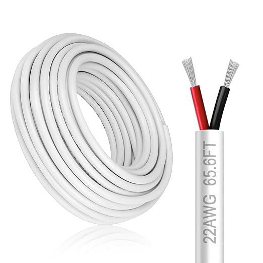 22 Gauge 2 Conductor Electrical Wire, 65.6FT White Stranded Low Voltage 22/2 PVC Case, 22 AWG Tinned Copper 2 Wire Extension Power for Strips LED Lamp Lighting