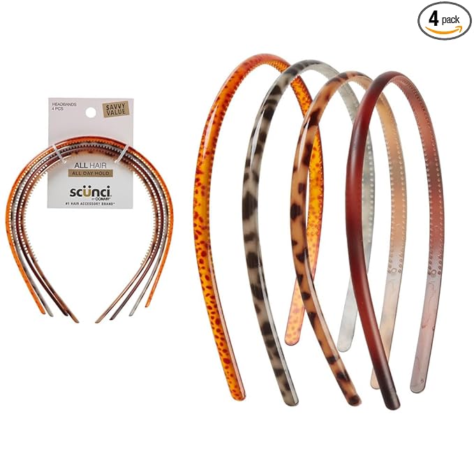 Scunci by Conair Effortless Beauty Skinny headband -plastic Headbands for Women and Men - hair accessories for women - Assorted Tortoise - 4 Count