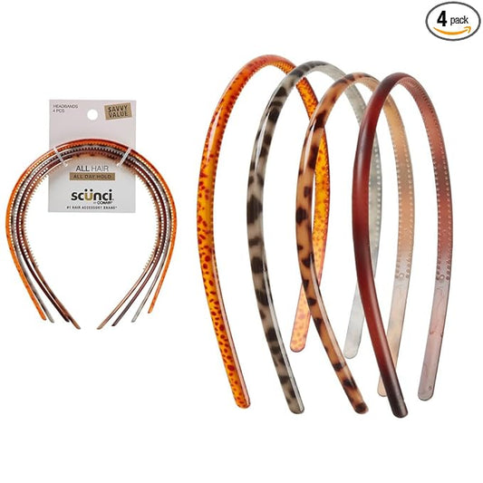 Scunci by Conair Effortless Beauty Skinny headband -plastic Headbands for Women and Men - hair accessories for women - Assorted Tortoise - 4 Count