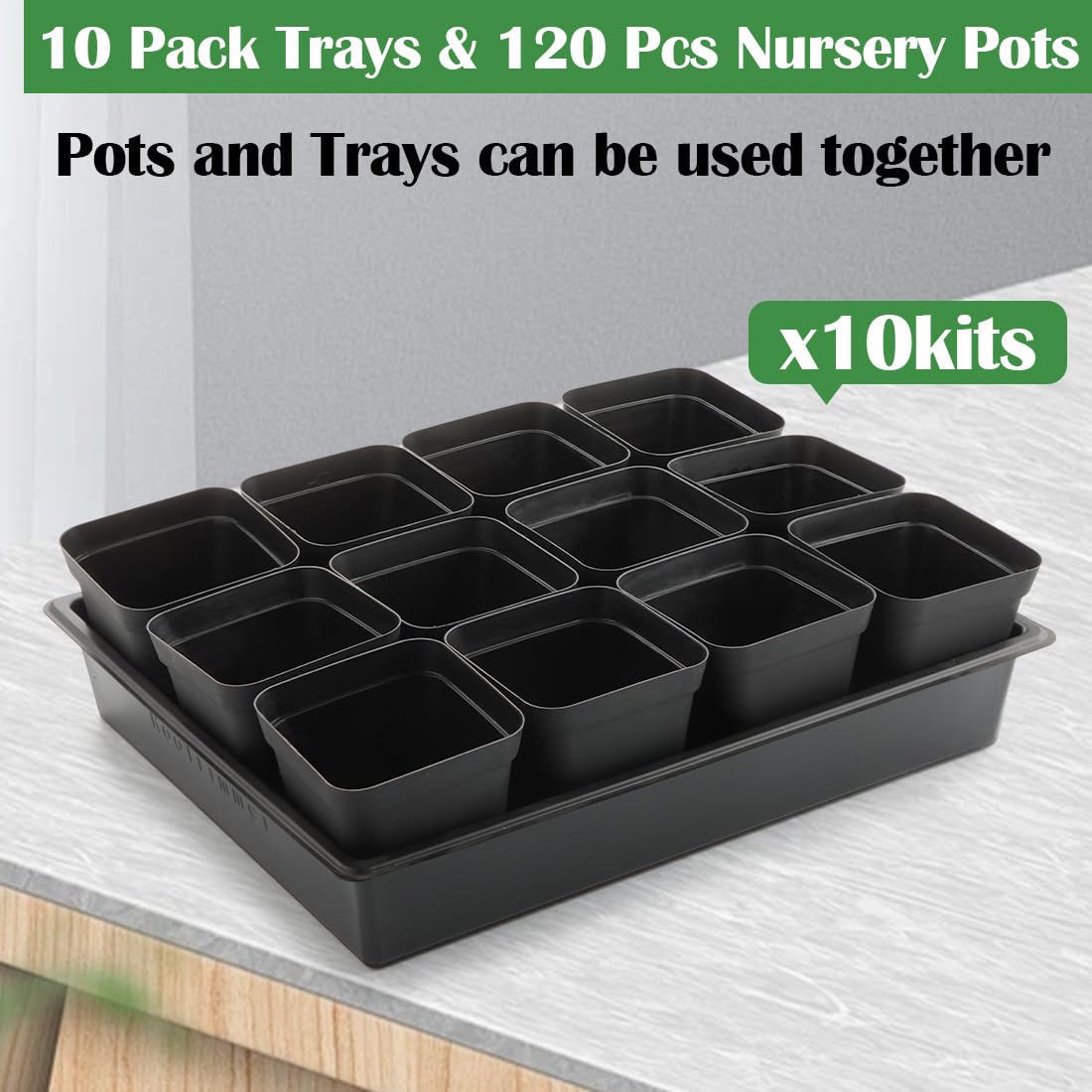RooTrimmer 4 inch (10CM) Square Nursery Pots 120pcs, Sturdy Seedlings Trays 10 Pcs, Seeds Starter Germination Tray, Microgreening Planter Nursery Propagation 10 Sets