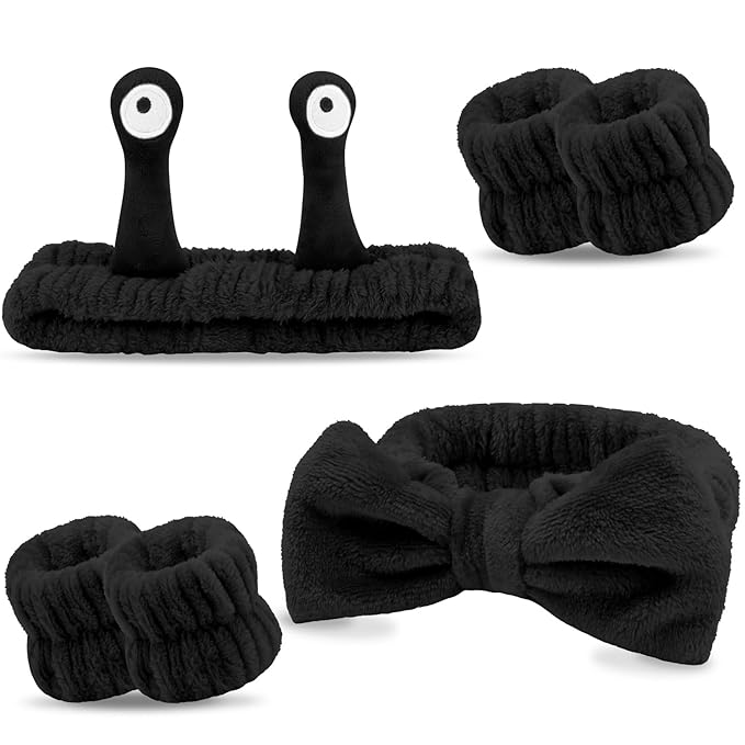 Spa Headband and Wristband Set Skincare Headband Makeup Headband Bowknot Snail Headbands Wrist Bands for Washing Face Cute Animal Face Wash Headband for Women Girls (Black)