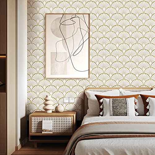 MelunMer Gold Peel and Stick Wallpaper Boho Gold Contact Paper for Cabinets Self Adhesive Removable Wallpaper for Bedroom/Bathroom Modern Contact Paper Leaf Ginkgo Biloba 78.8 in L 17.3In W