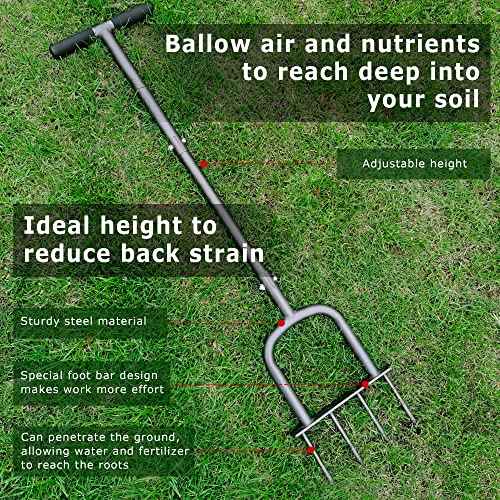 Manual Lawn Aerator for Compacted Soil Aerating - Height Adjustable Handheld Spike Aerator with 4 Steel Tines