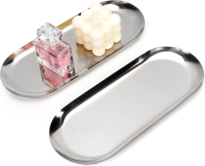 2PACK Silver Decorative Tray,Oval Stainless Steel Trays, Decorative Tray for Jewelry Dish Cosmetics Organizer Bathroom Clutter Serving Platter (Silver, 10 in)