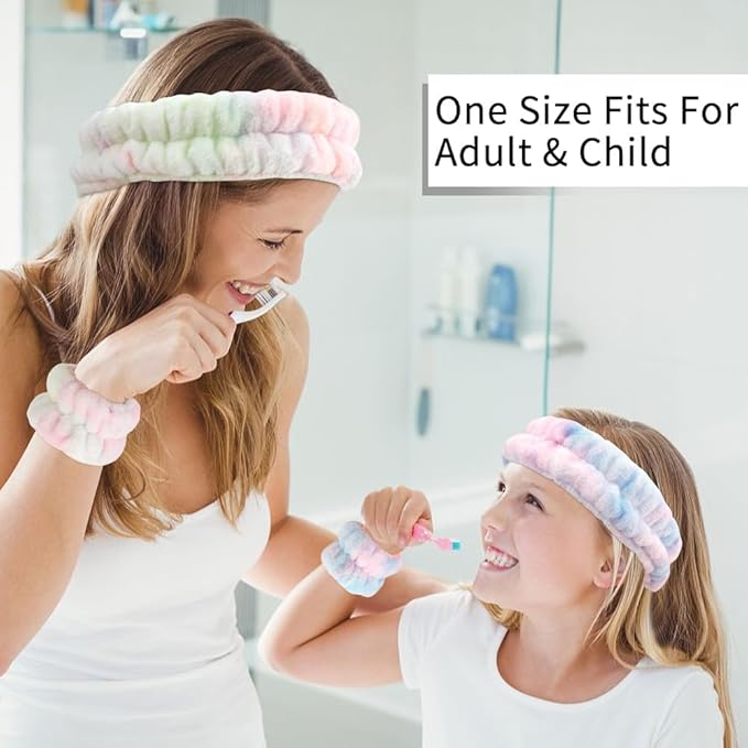 AHONEY Skincare for Teens Kids Headband Wrist Cuffs for Washing Face Wash Headbands for Girls Wome, Cute Fuzzy Tie-dye Spa Headband and Wristband Set Sleepover Accessories Teen Stuff